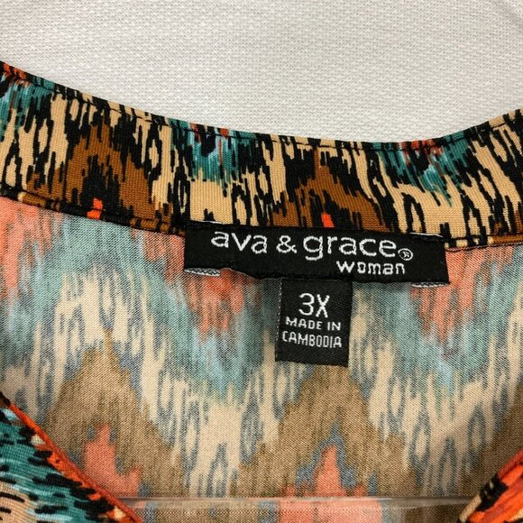 Ava & Grace Red Multi Color Chevron Stretch Short Sleeve Popover Blouse 3X - Picture 2 of 8